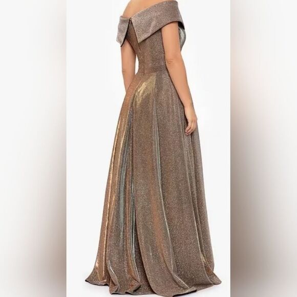 Xscape Estelle Off The Shoulder Long Glitter Dress NWT size 8 Gold - Picture 2 of 5